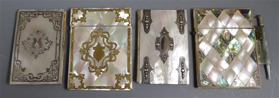 Four 19th century mother-of pearl veneered card cases, largest 10 x 8cm